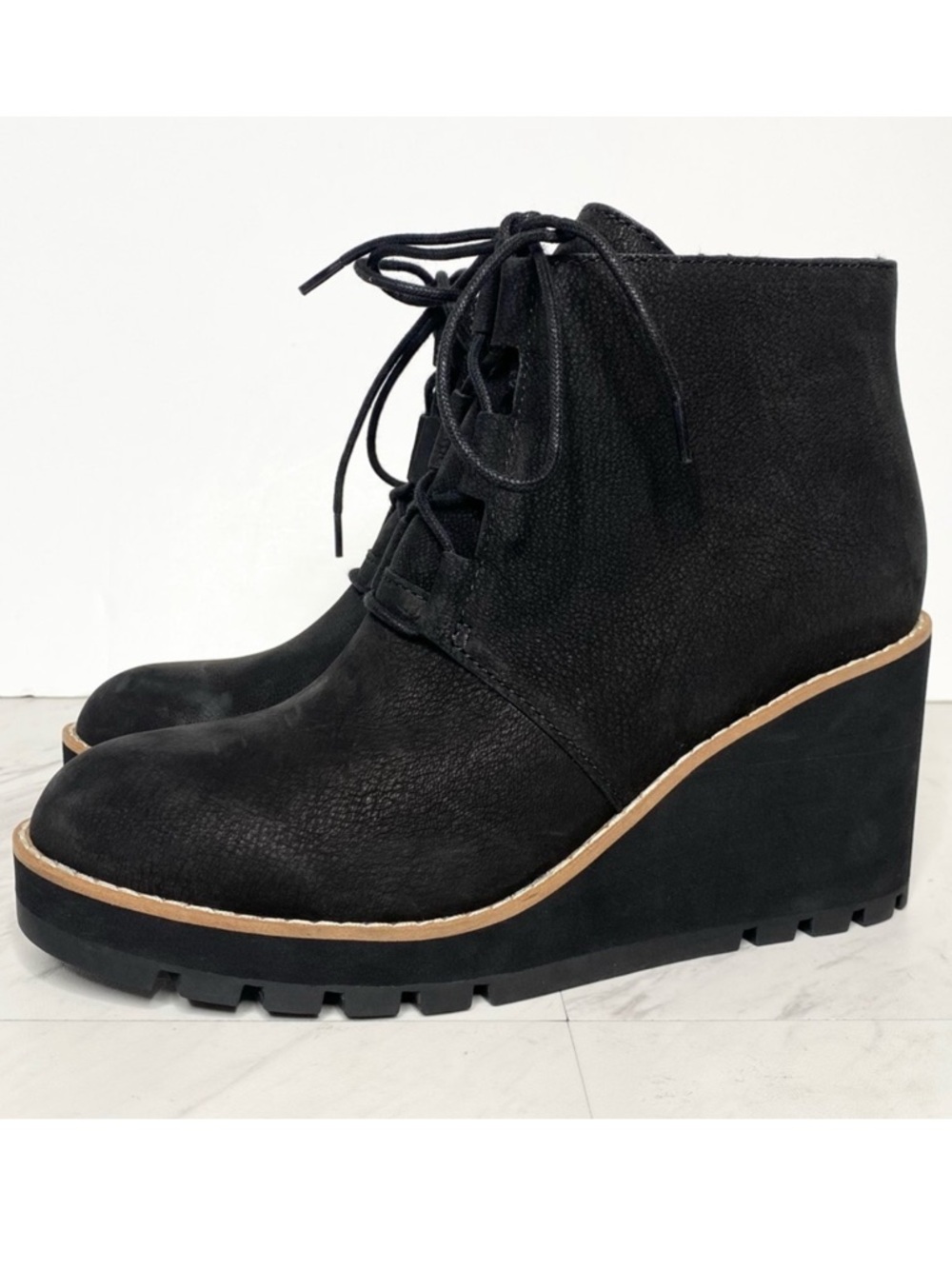 Eileen Fisher Alpine Black Wedge Lace Up Bootie 7 1/2
